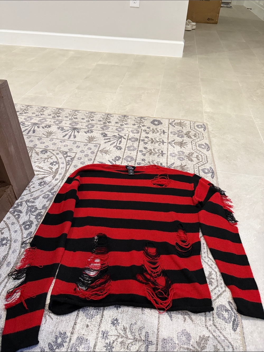 Social Collision Red & Black Striped Distressed Sweater